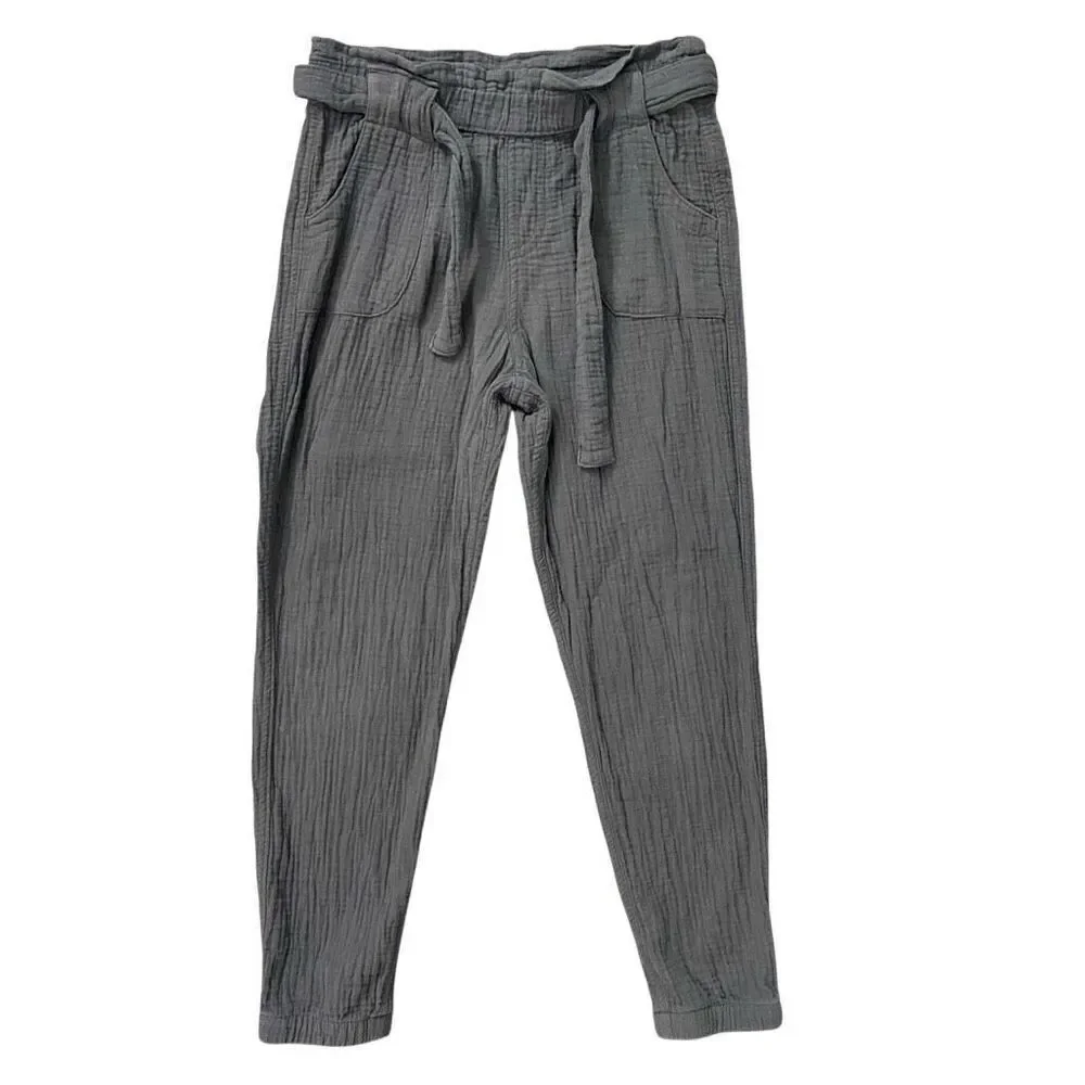 Cat & Jack Girls Gray Cotton Gauze Jogger Pants Size 6/6X Belted Pull-On Casual